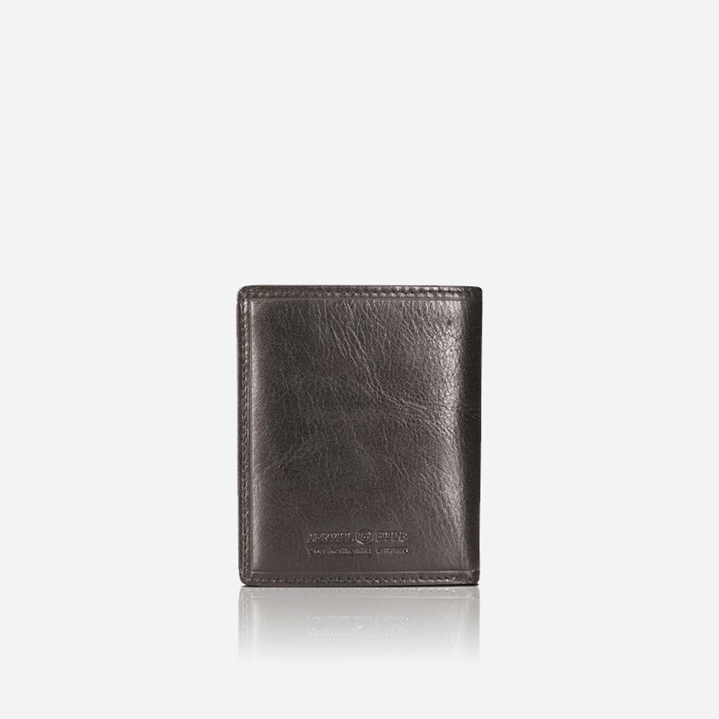 Black Flip Over Leather Wallet with RFID protection, featuring a stylish book-shaped design and ample storage for cards and cash.