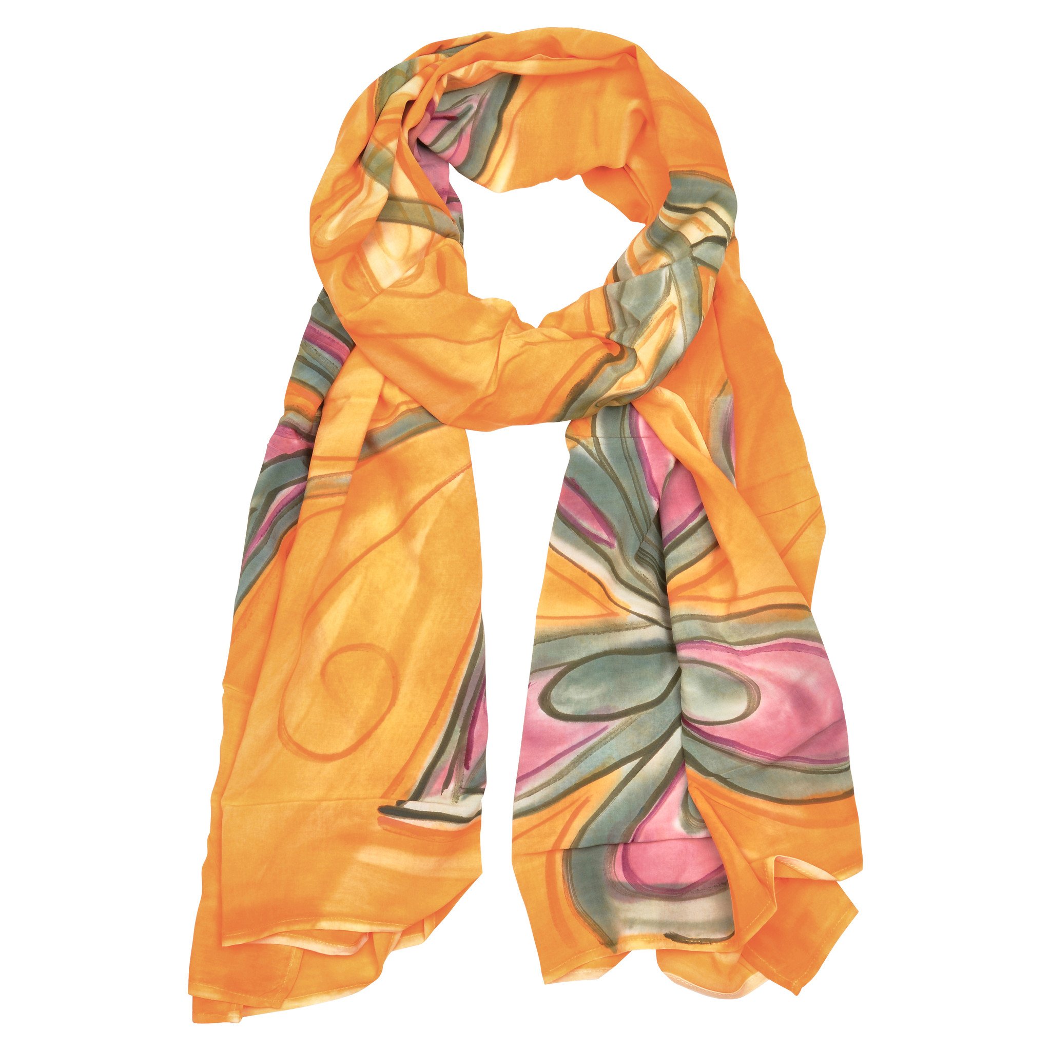 A vibrant Floral Garden hand-painted scarf featuring original artwork, showcasing colorful floral designs on soft rayon fabric.