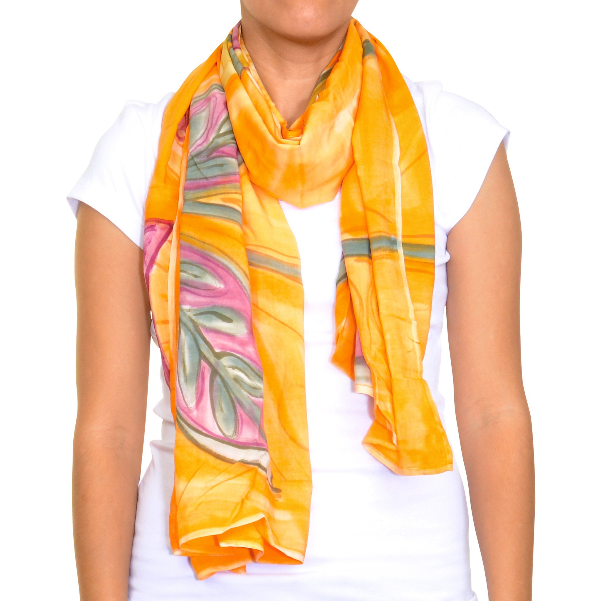 A vibrant Floral Garden hand-painted scarf featuring original artwork, showcasing colorful floral designs on soft rayon fabric.