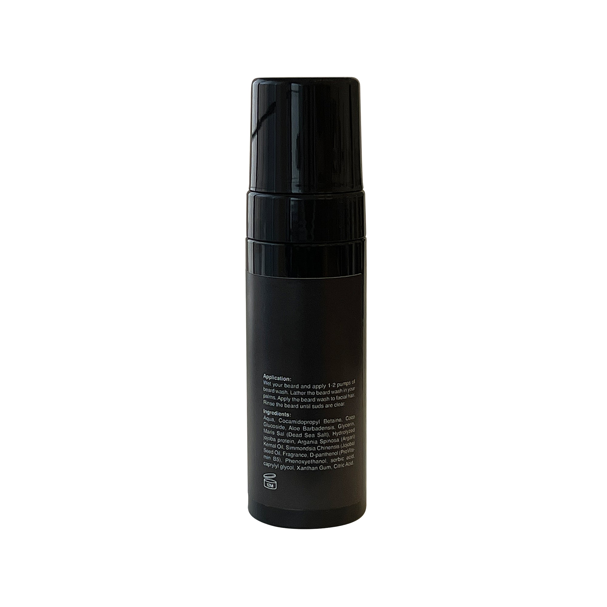 A bottle of Foaming Beard Wash with a foamy lather, showcasing its natural ingredients like aloe vera and Dead Sea salt.