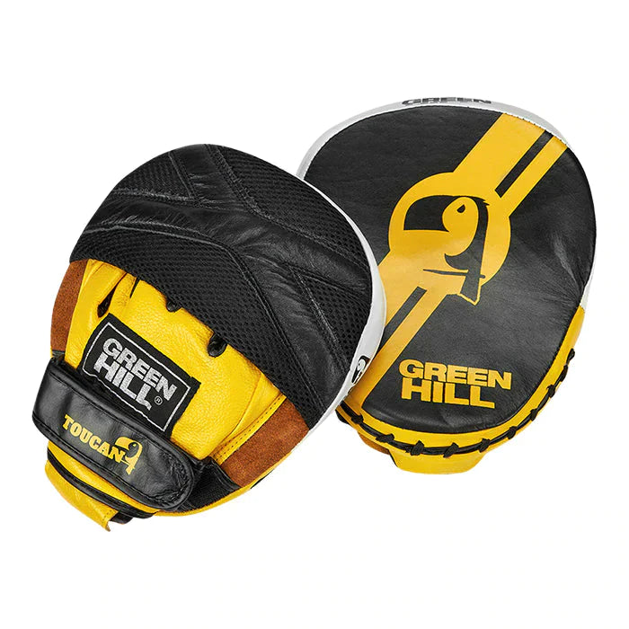 Focus Mitt TOUCAN made of genuine leather in yellow and black colors, designed for training.