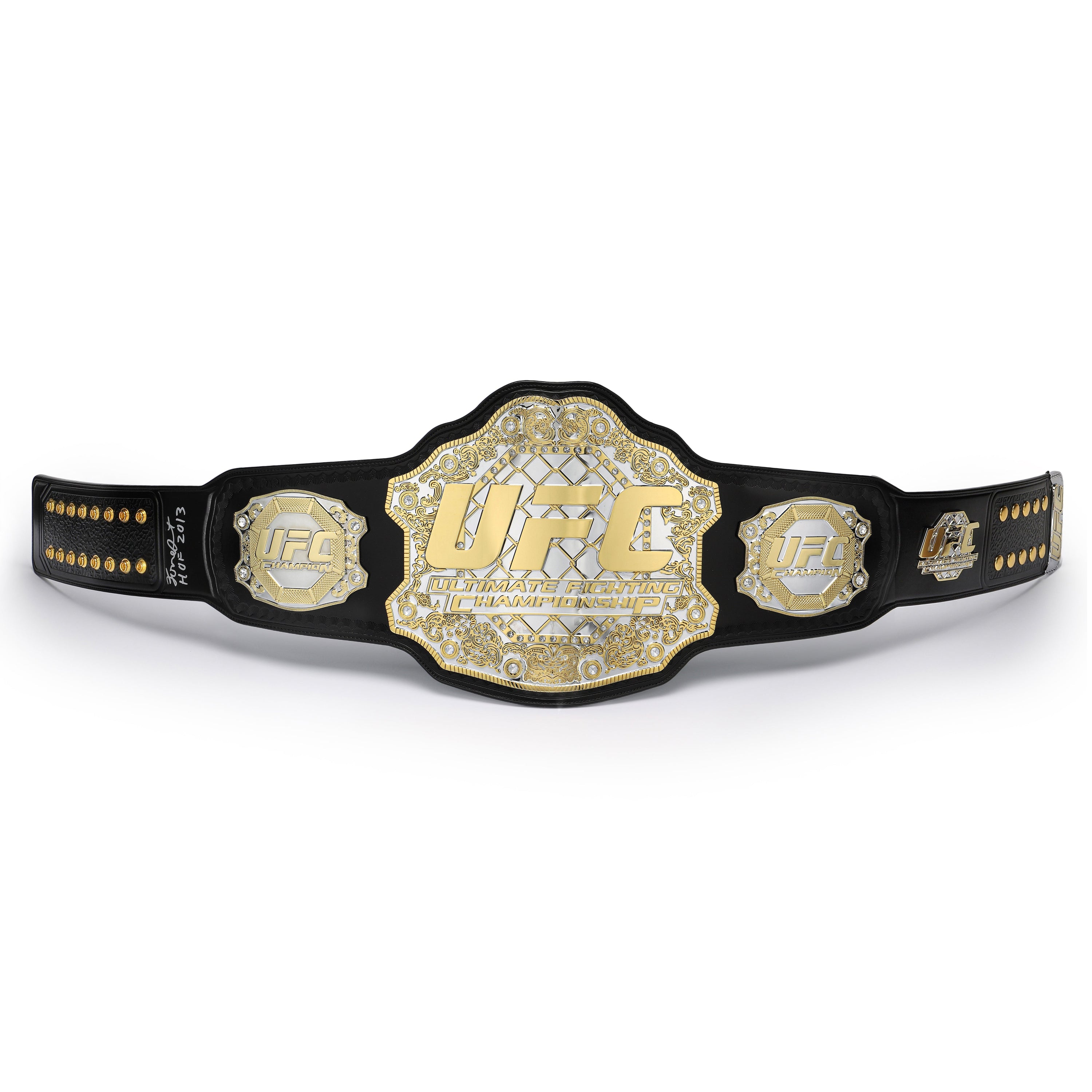 Forrest Griffin Signed UFC Replica Classic Championship Belt displayed elegantly, showcasing its detailed design and autograph.