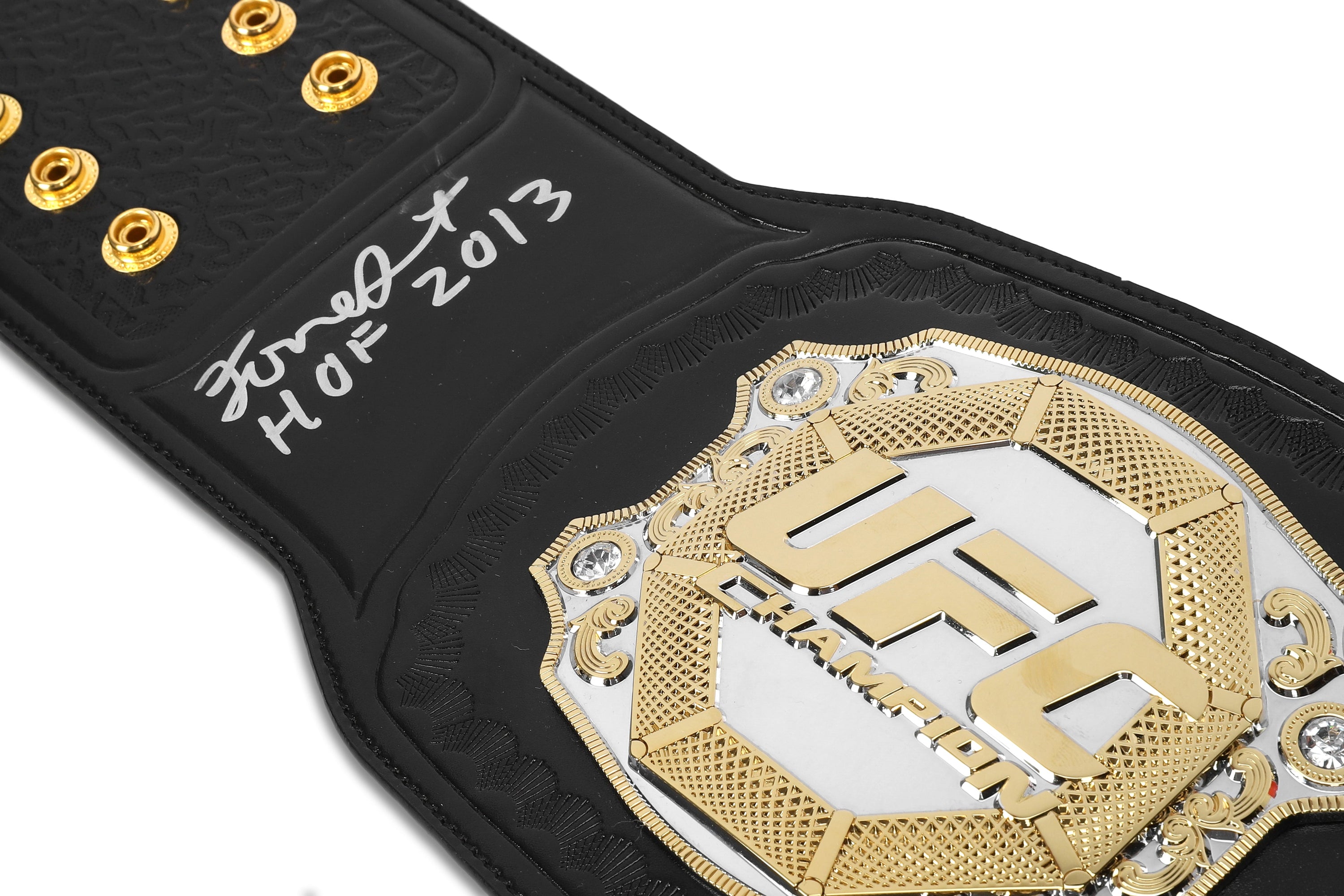 Forrest Griffin Signed UFC Replica Classic Championship Belt displayed elegantly, showcasing its detailed design and autograph.