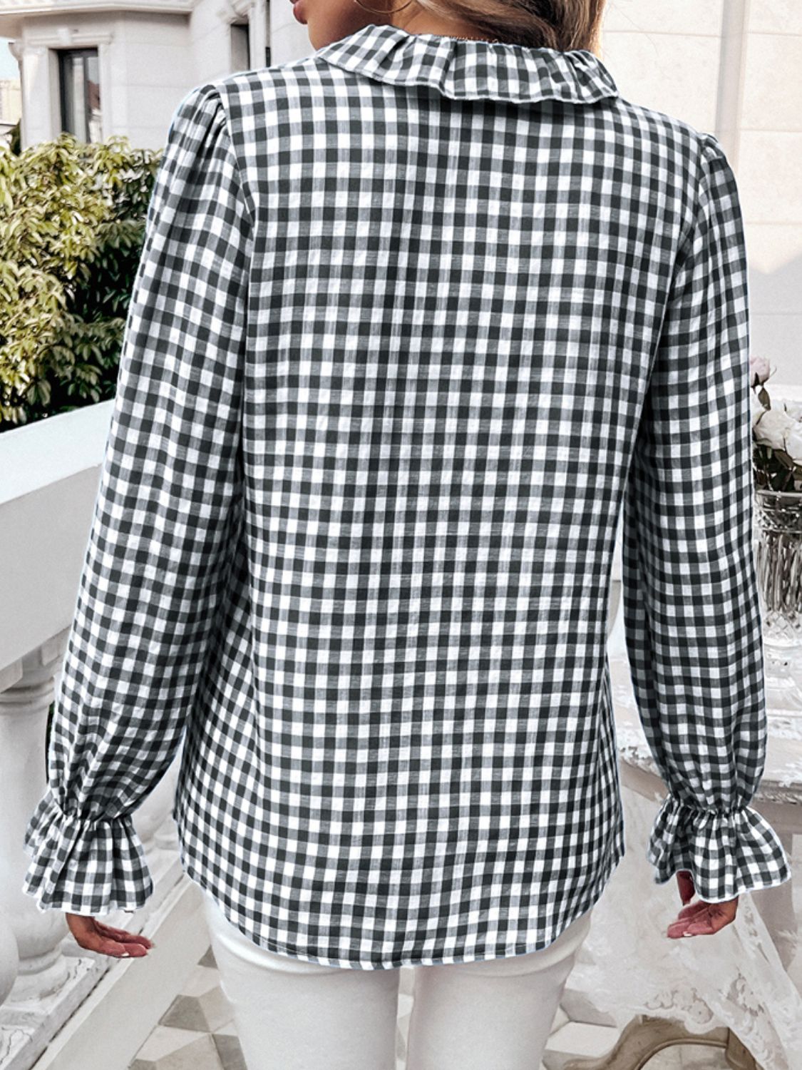 Frill Ruffled Plaid Long Sleeve Shirt featuring elegant ruffles and a classic plaid pattern, perfect for stylish outfits.