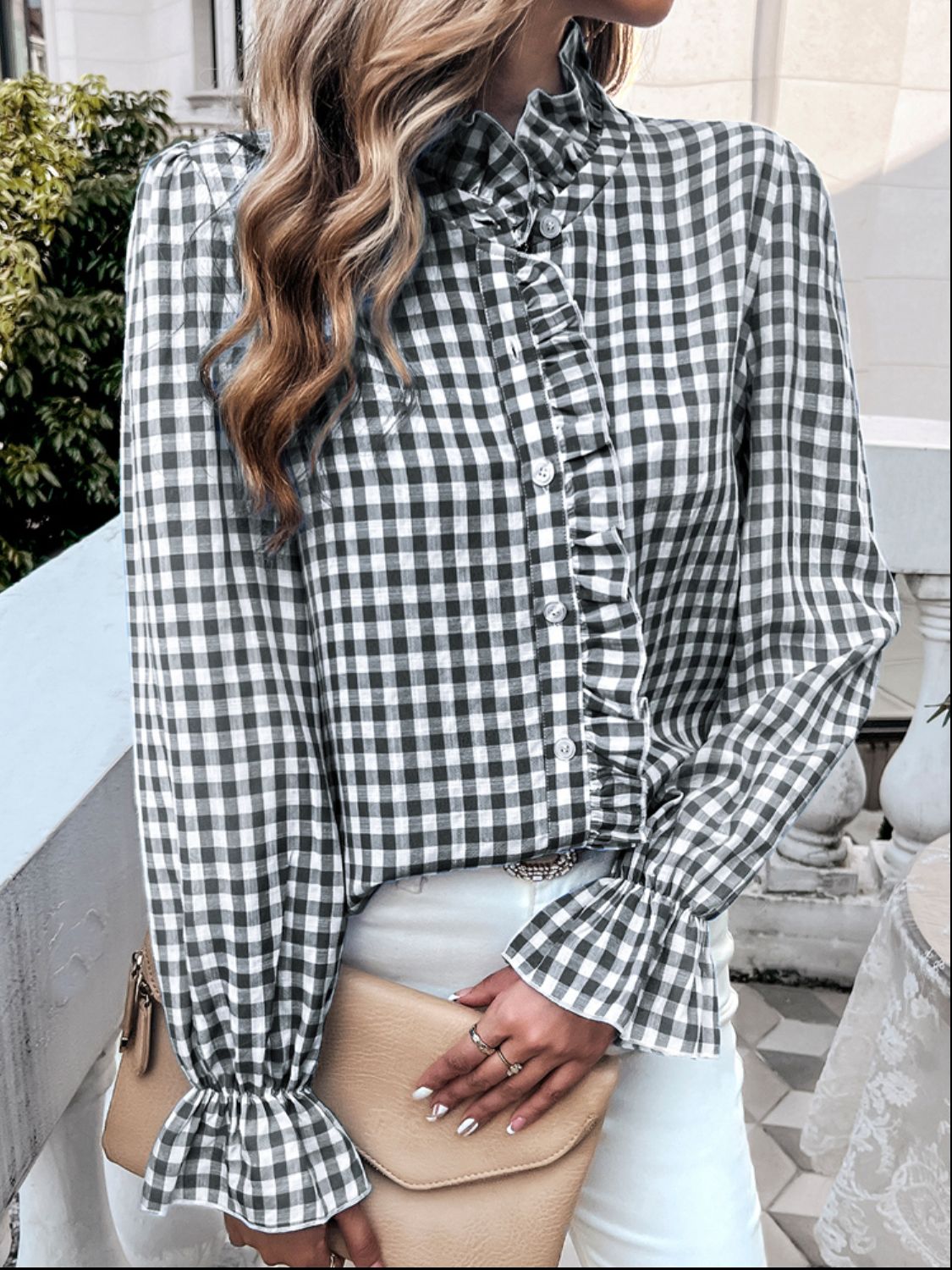 Frill Ruffled Plaid Long Sleeve Shirt featuring elegant ruffles and a classic plaid pattern, perfect for stylish outfits.