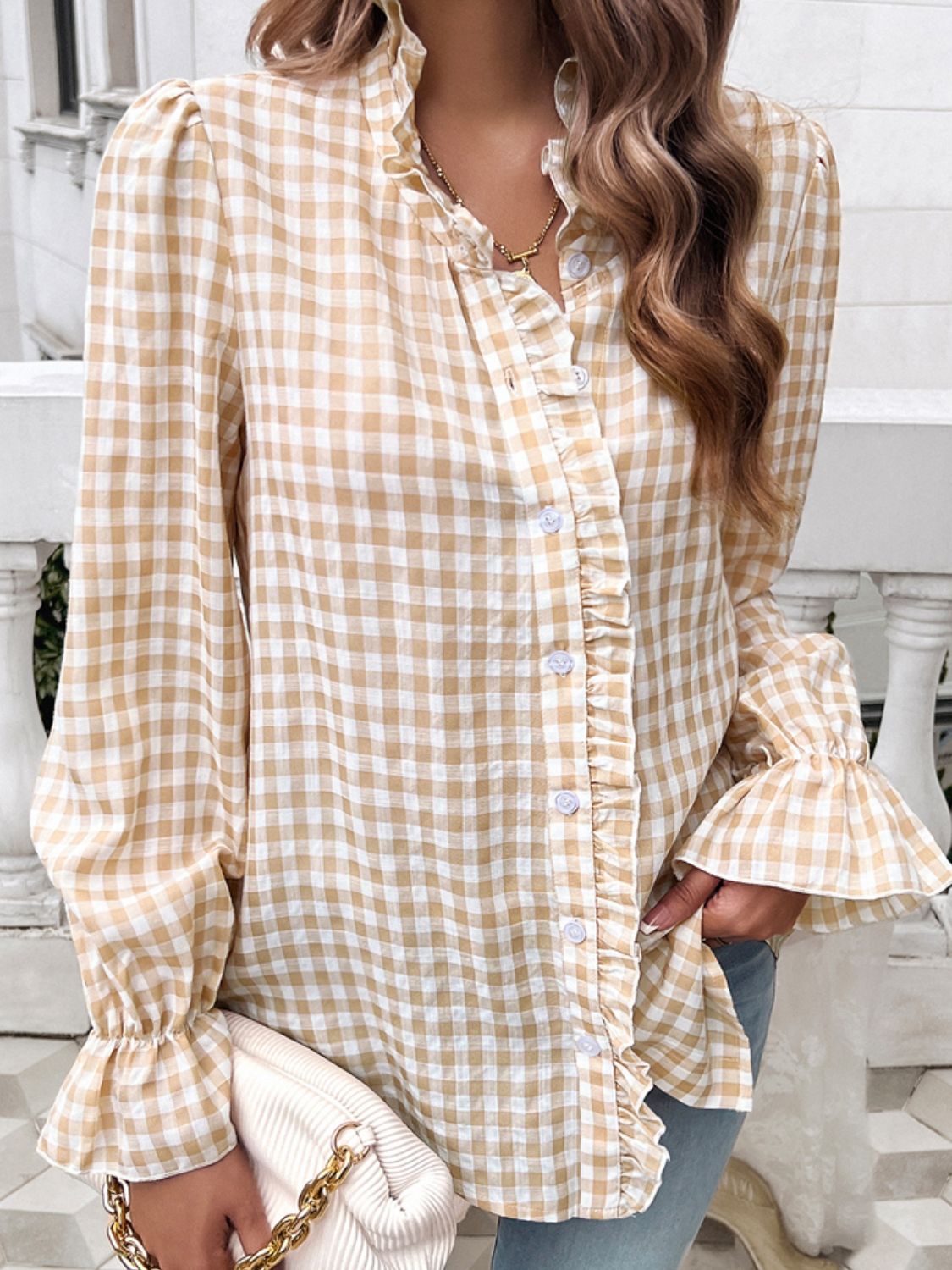 Frill Ruffled Plaid Long Sleeve Shirt featuring elegant ruffles and a classic plaid pattern, perfect for stylish outfits.