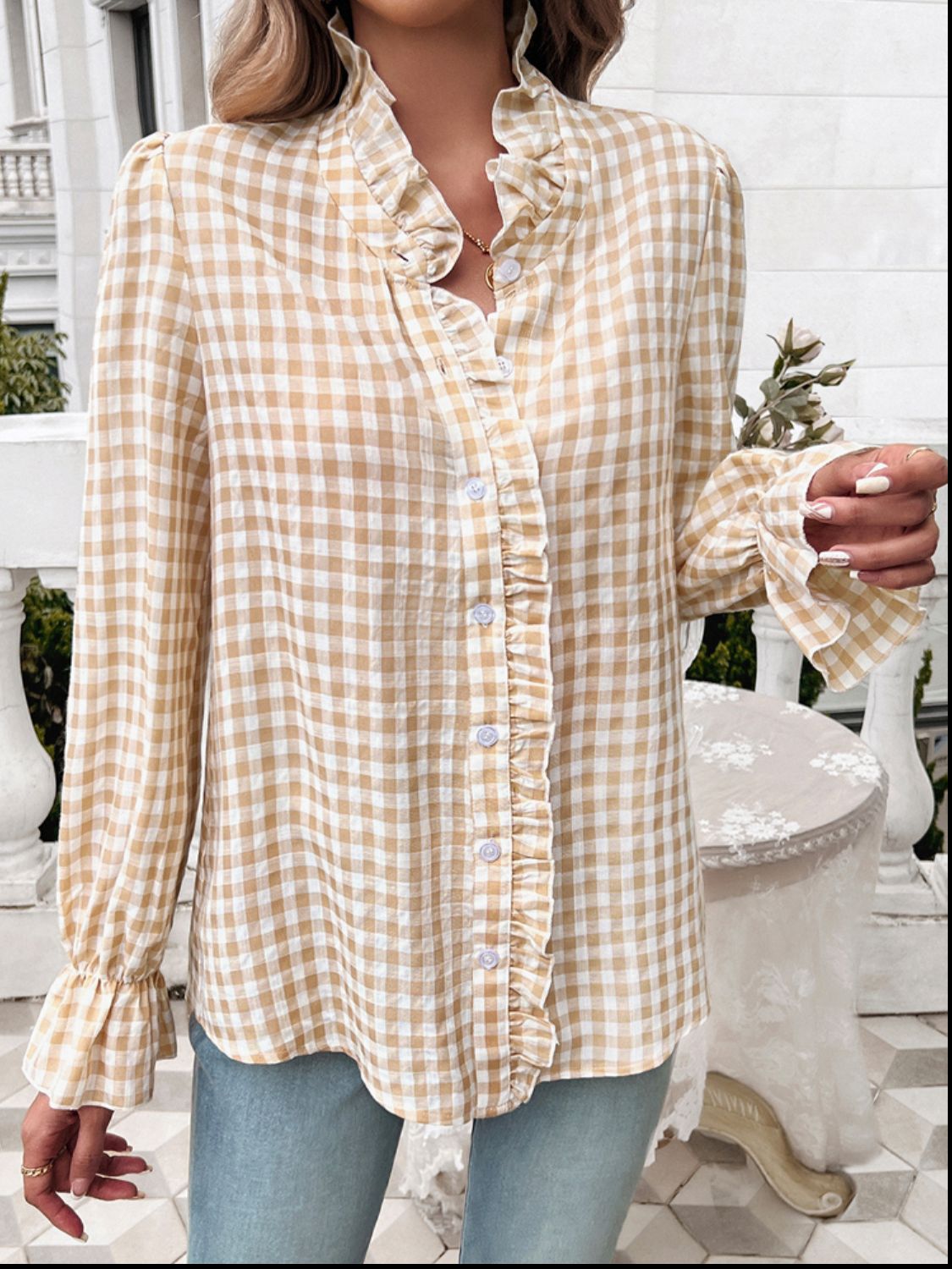 Frill Ruffled Plaid Long Sleeve Shirt featuring elegant ruffles and a classic plaid pattern, perfect for stylish outfits.