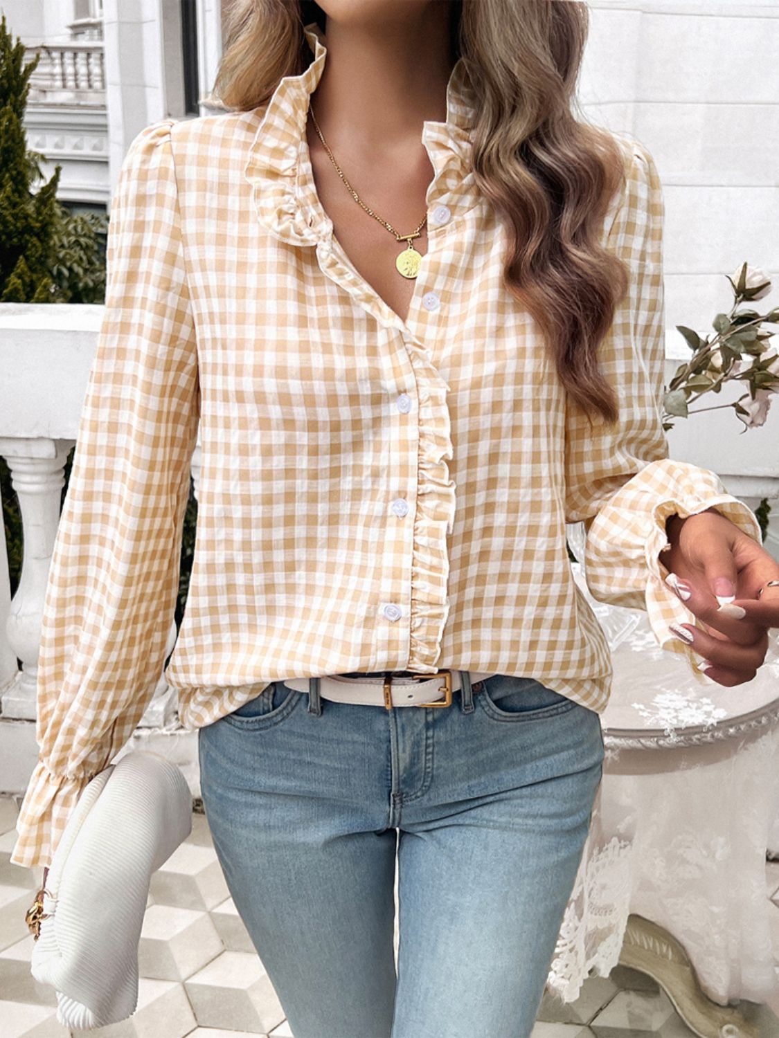 Frill Ruffled Plaid Long Sleeve Shirt featuring elegant ruffles and a classic plaid pattern, perfect for stylish outfits.