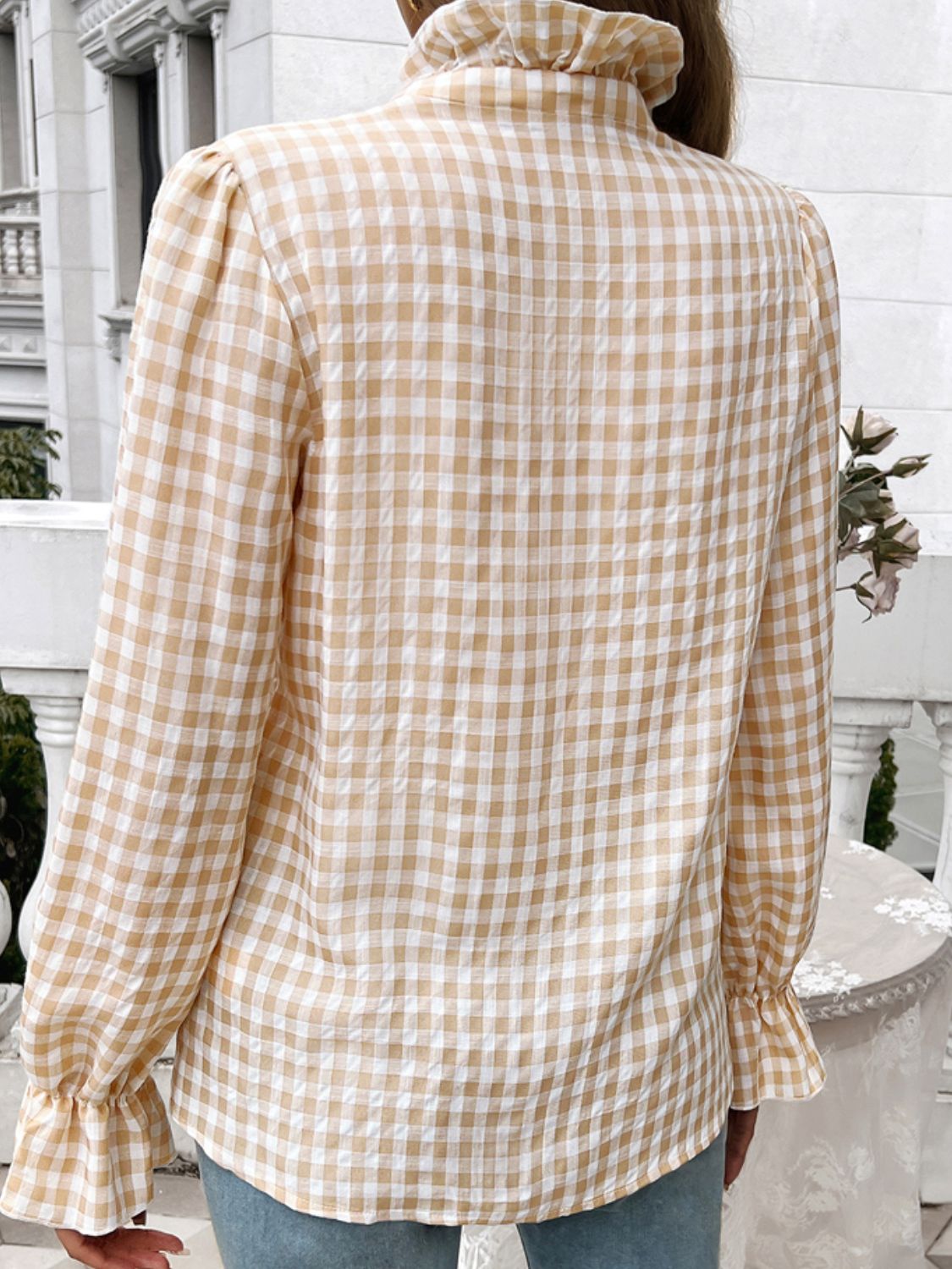 Frill Ruffled Plaid Long Sleeve Shirt featuring elegant ruffles and a classic plaid pattern, perfect for stylish outfits.