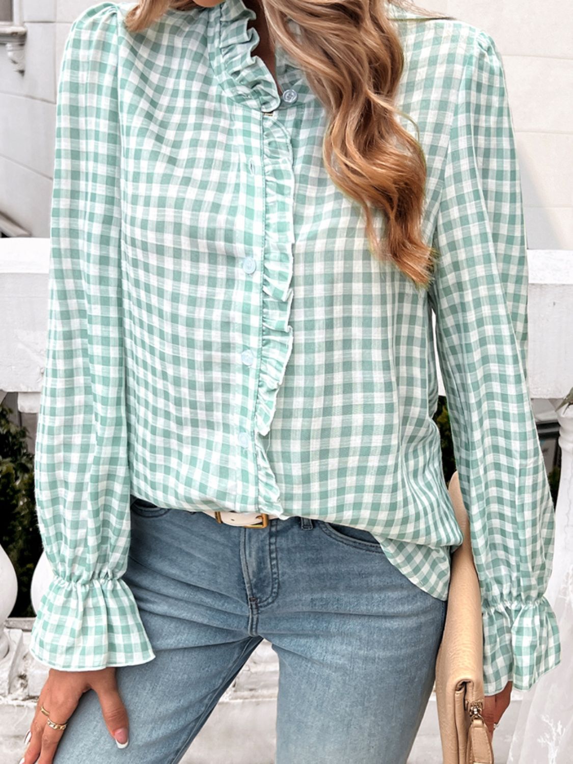 Frill Ruffled Plaid Long Sleeve Shirt featuring elegant ruffles and a classic plaid pattern, perfect for stylish outfits.