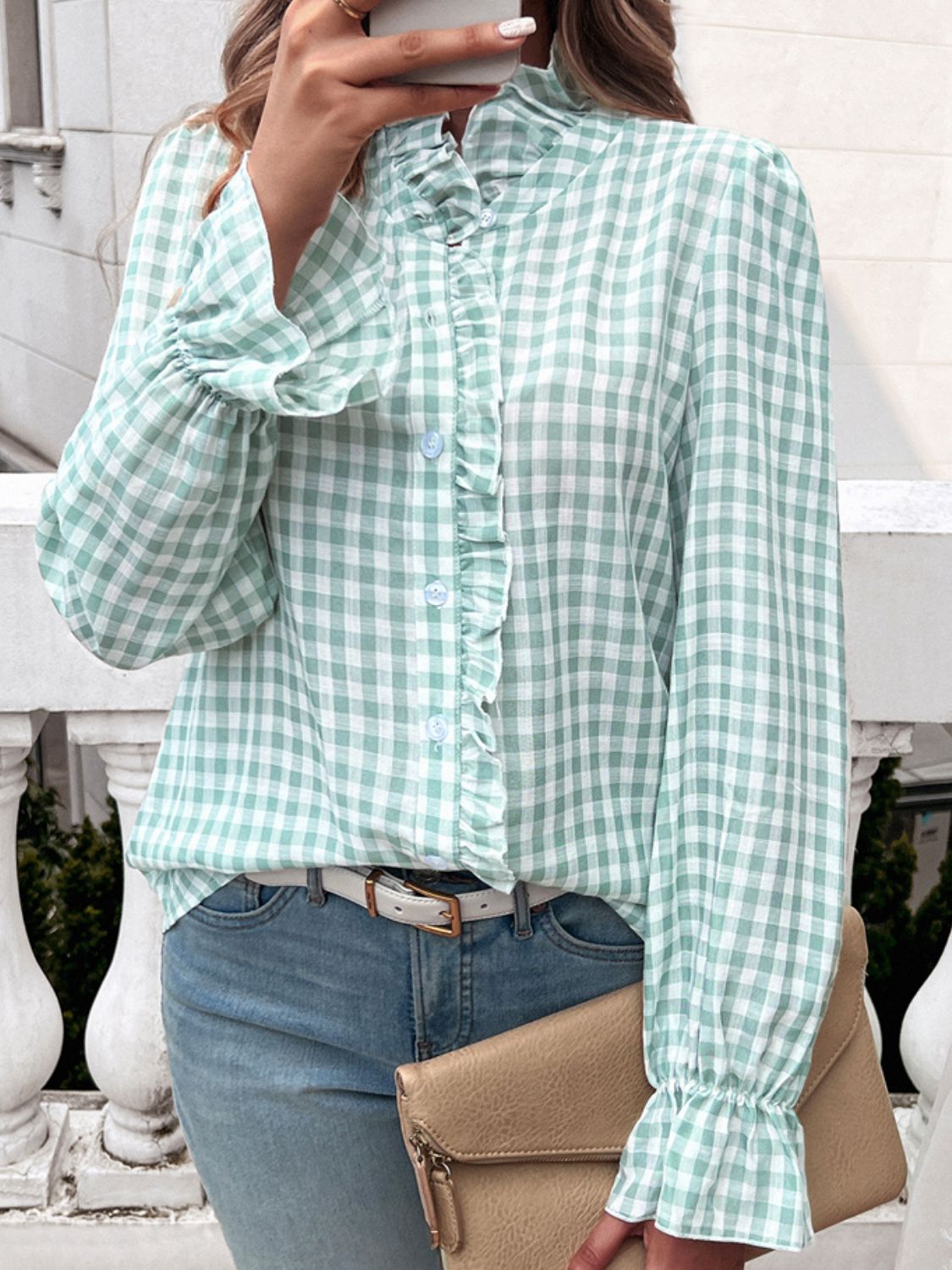 Frill Ruffled Plaid Long Sleeve Shirt featuring elegant ruffles and a classic plaid pattern, perfect for stylish outfits.