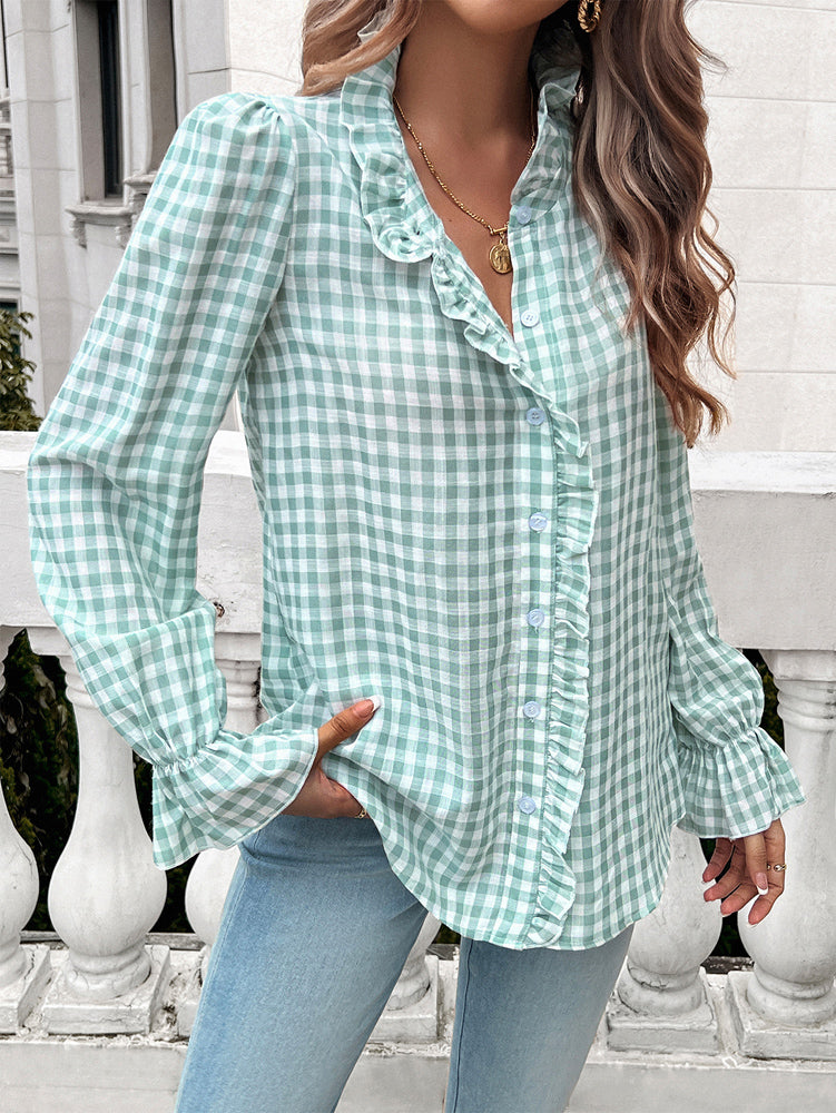 Frill Ruffled Plaid Long Sleeve Shirt featuring elegant ruffles and a classic plaid pattern, perfect for stylish outfits.