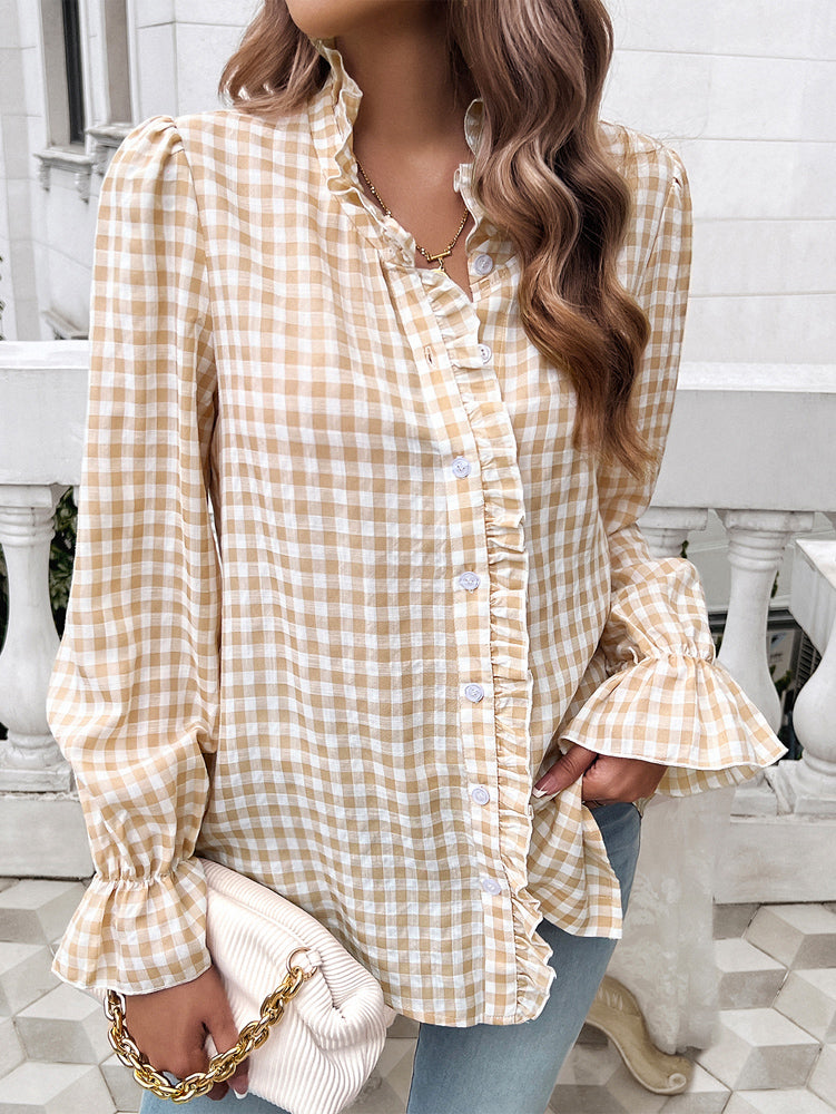 Frill Ruffled Plaid Long Sleeve Shirt featuring elegant ruffles and a classic plaid pattern, perfect for stylish outfits.