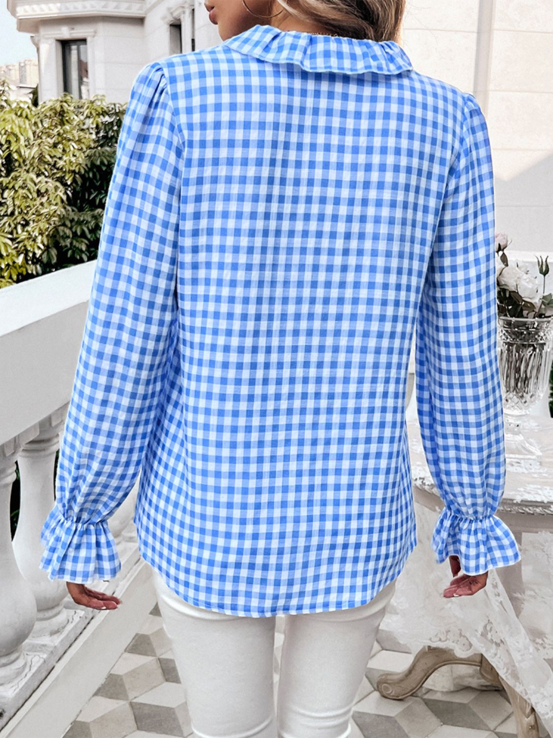 Frill Ruffled Plaid Long Sleeve Shirt featuring elegant ruffles and a classic plaid pattern, perfect for stylish outfits.