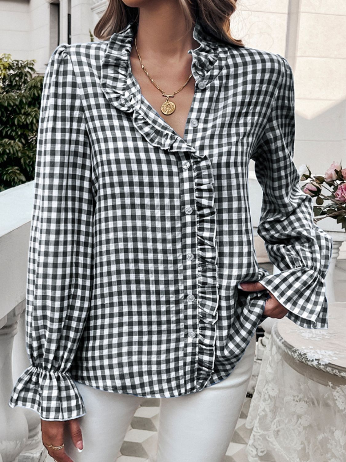 Frill Ruffled Plaid Long Sleeve Shirt featuring elegant ruffles and a classic plaid pattern, perfect for stylish outfits.