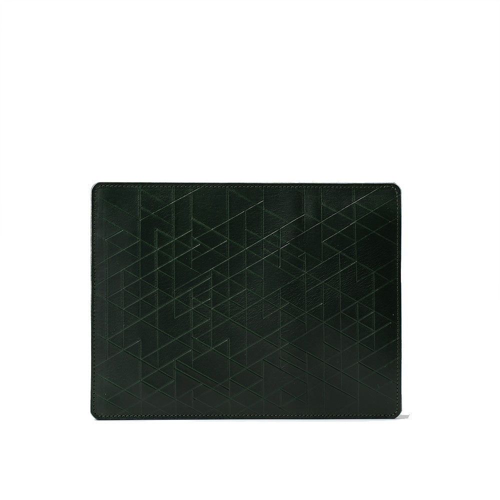 Geometric Design Leather iPad Case showcasing premium leather and wool felt lining, handcrafted with precision.