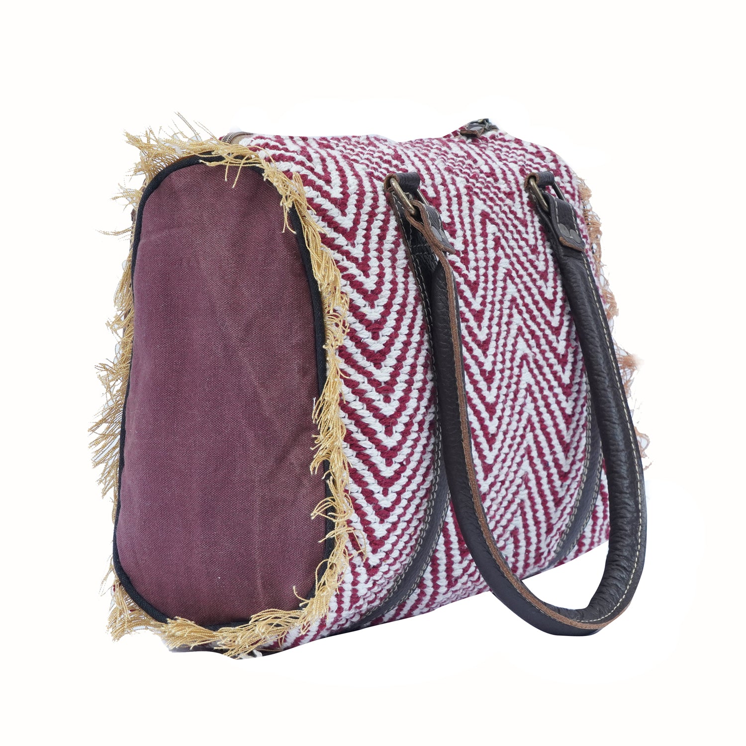 Givo Duffle Bag handcrafted with rug and leather, showcasing its stylish design and compact size.