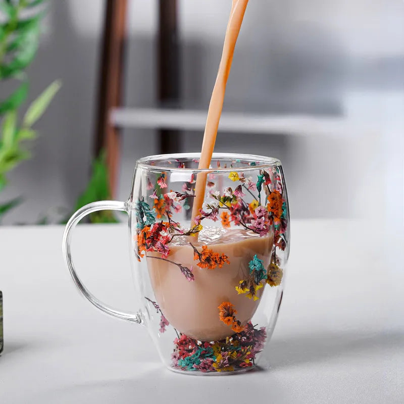 A set of Gorgeous High End Borosilicate Glass Cups with Handle featuring floral and shell designs, showcasing their elegant round shape and transparent glass.