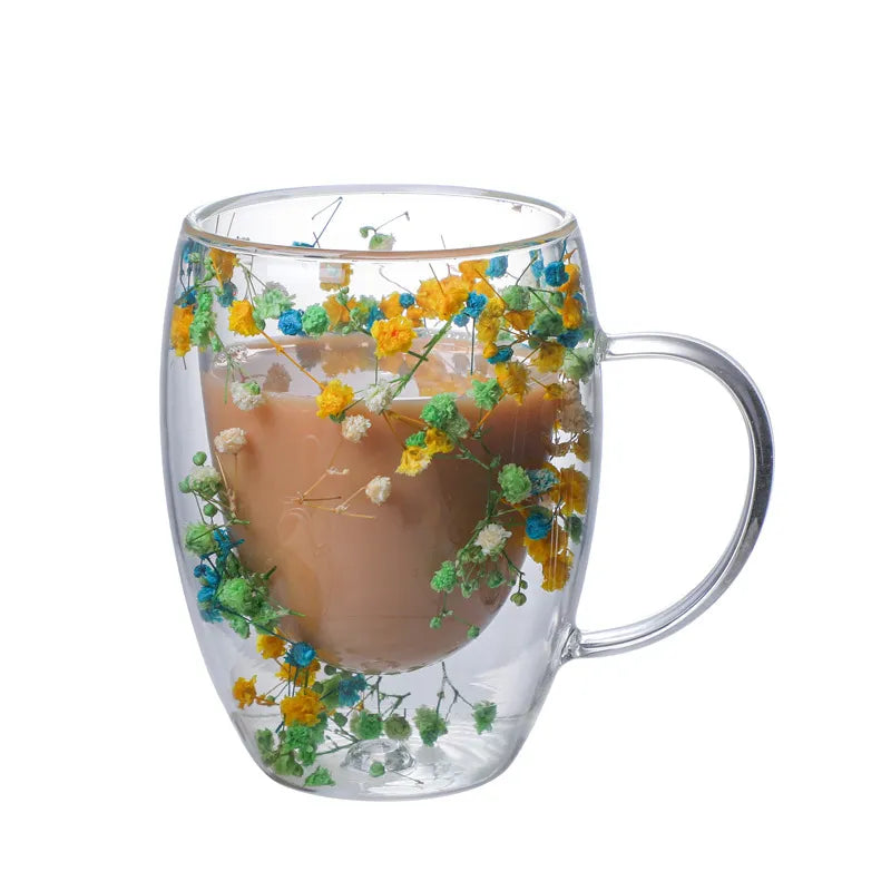 A set of Gorgeous High End Borosilicate Glass Cups with Handle featuring floral and shell designs, showcasing their elegant round shape and transparent glass.