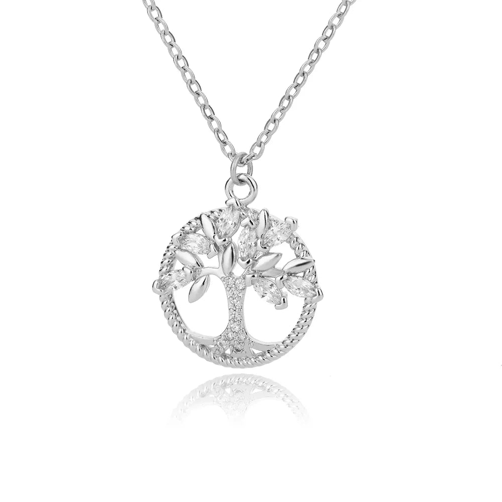 Gorgeous Tree Of Life Crystal Necklace featuring a stainless steel pendant with a tree design on a link chain, perfect for women.