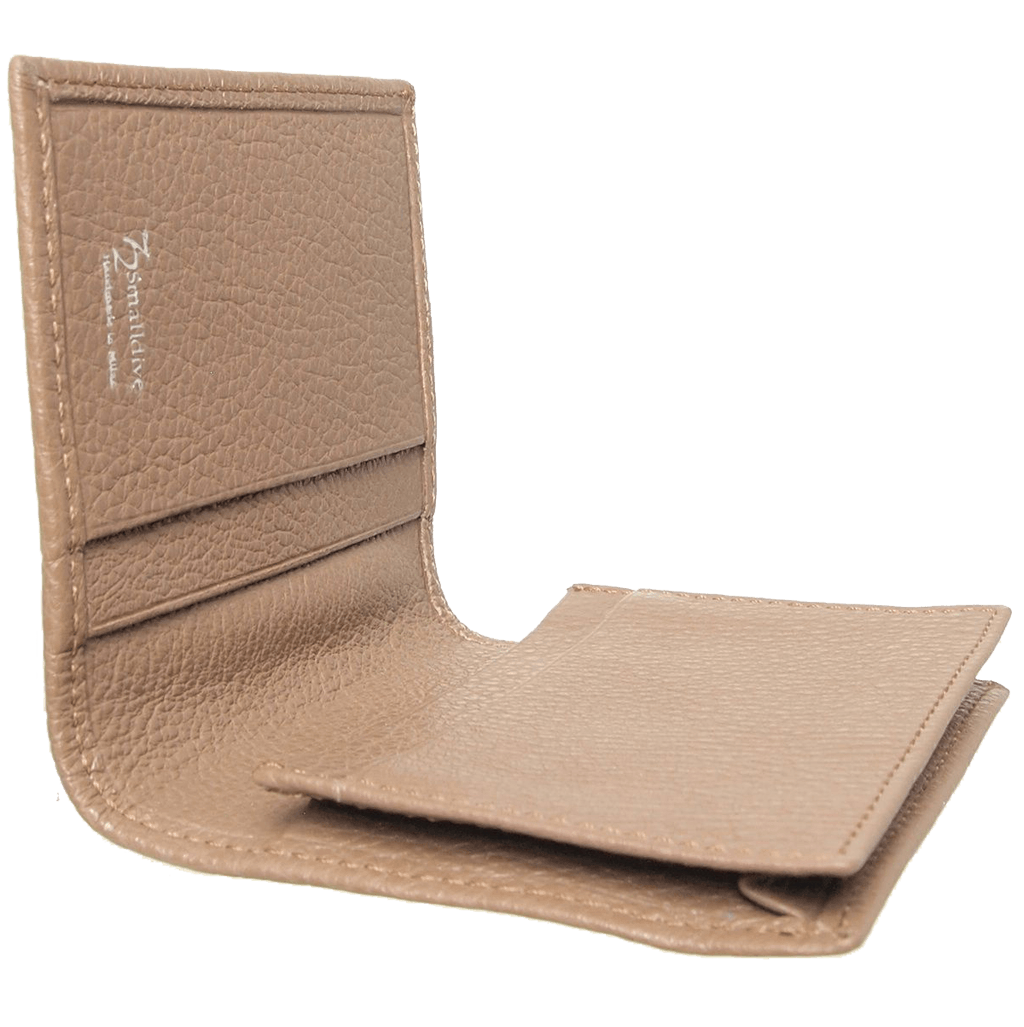 Grained Calf Leather Card Wallet in Taupe, showcasing its sleek design, top grain leather texture, and compact size, ideal for business and credit cards.