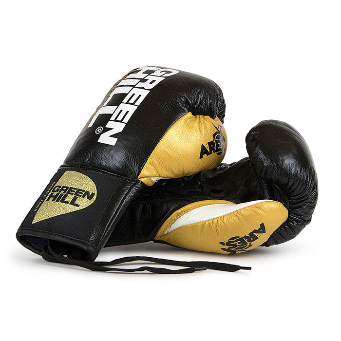 Green Hill Boxing Gloves ARES made from calf leather with horsehair padding, featuring adjustable Velcro straps and available in various colors.