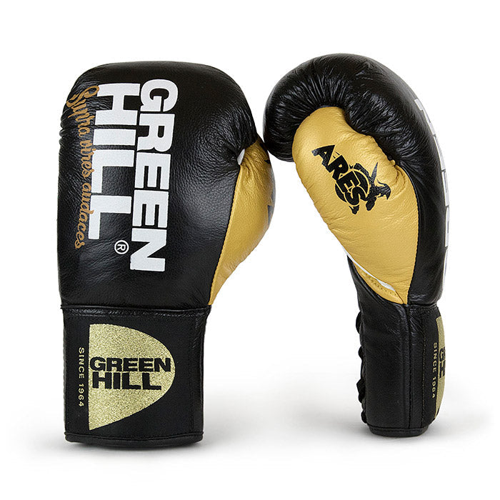 Green Hill Boxing Gloves ARES made from calf leather with horsehair padding, featuring adjustable Velcro straps and available in various colors.