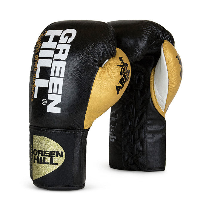 Green Hill Boxing Gloves ARES made from calf leather with horsehair padding, featuring adjustable Velcro straps and available in various colors.