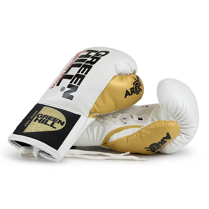 Green Hill Boxing Gloves ARES made from calf leather with horsehair padding, featuring adjustable Velcro straps and available in various colors.