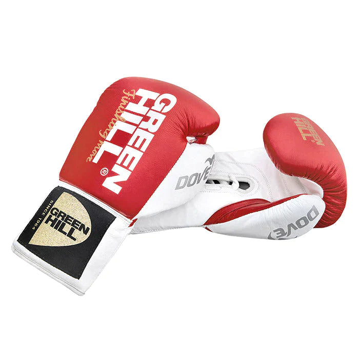 Green Hill Boxing Gloves DOVE in black and white, showcasing premium leather and multi-layered padding for safety.