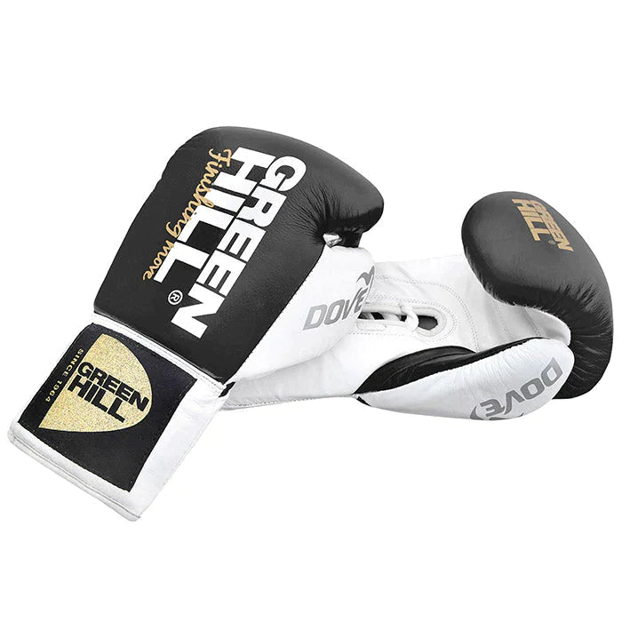 Green Hill Boxing Gloves DOVE in black and white, showcasing premium leather and multi-layered padding for safety.