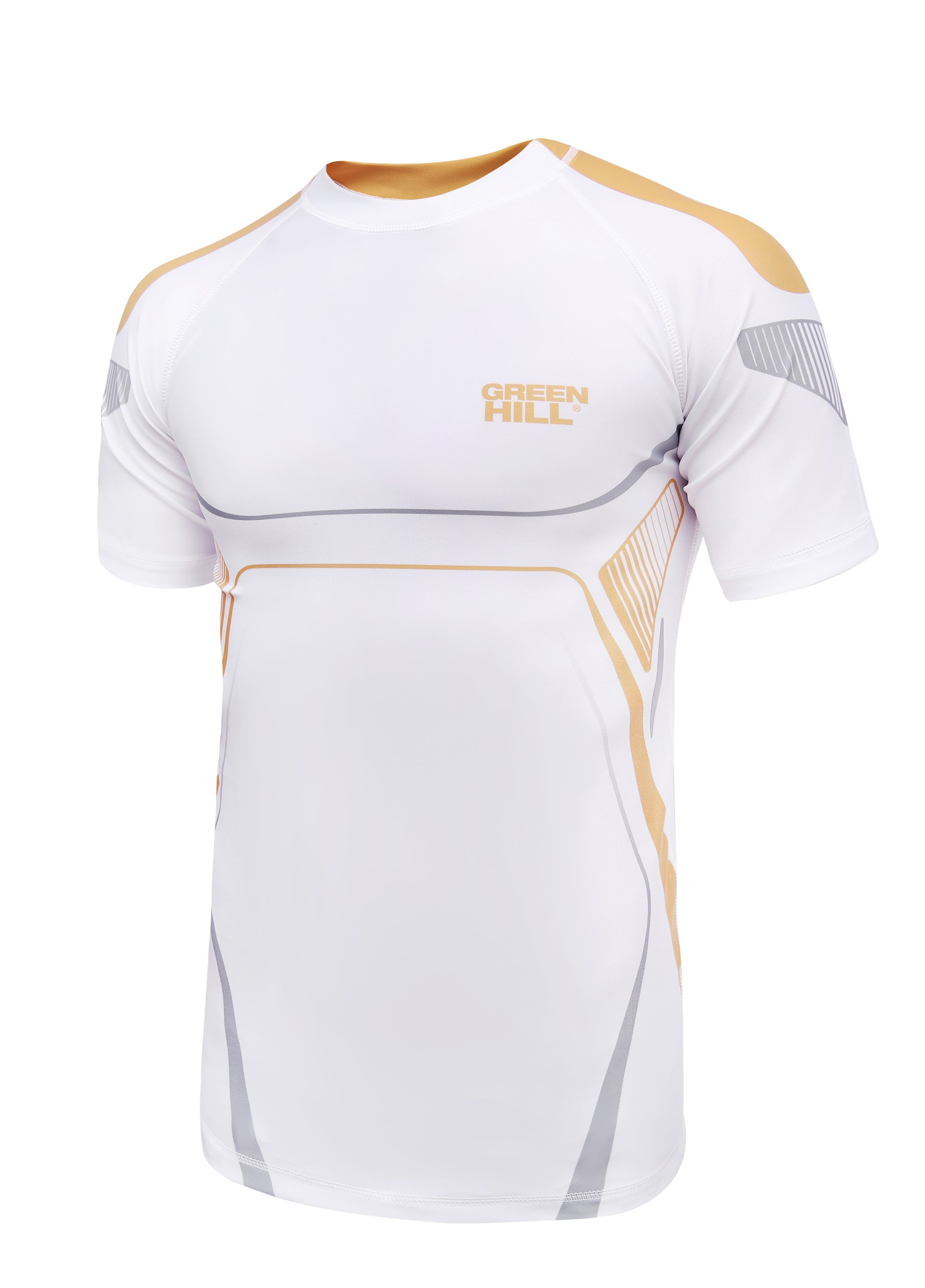 Green Hill IMMAF Approved Rash Guard in white, made from durable Polyester Lycra, designed for martial arts training and competition.