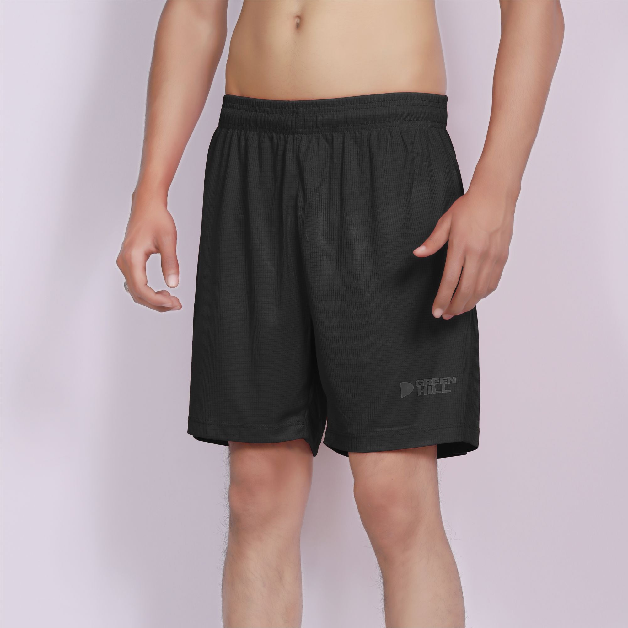 Green Hill Men Running GYM Shorts in a pack of 2, featuring a lightweight design, elastic waistband, and dual zippered pockets.