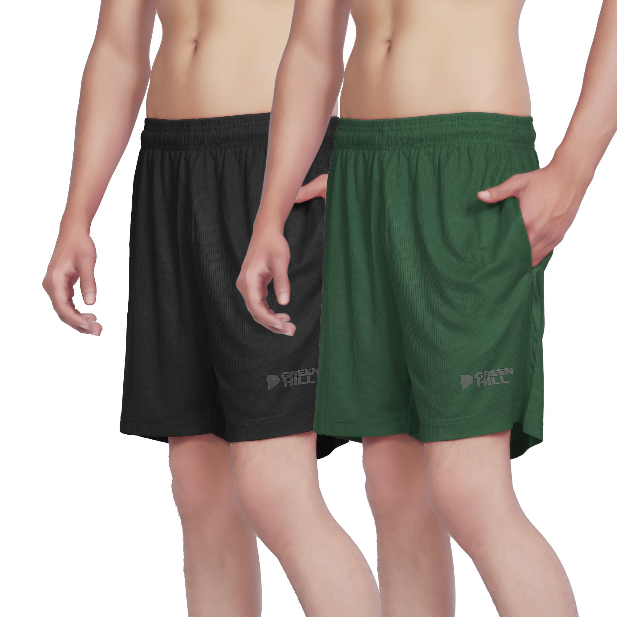 Green Hill Men Running GYM Shorts in a pack of 2, featuring a lightweight design, elastic waistband, and dual zippered pockets.