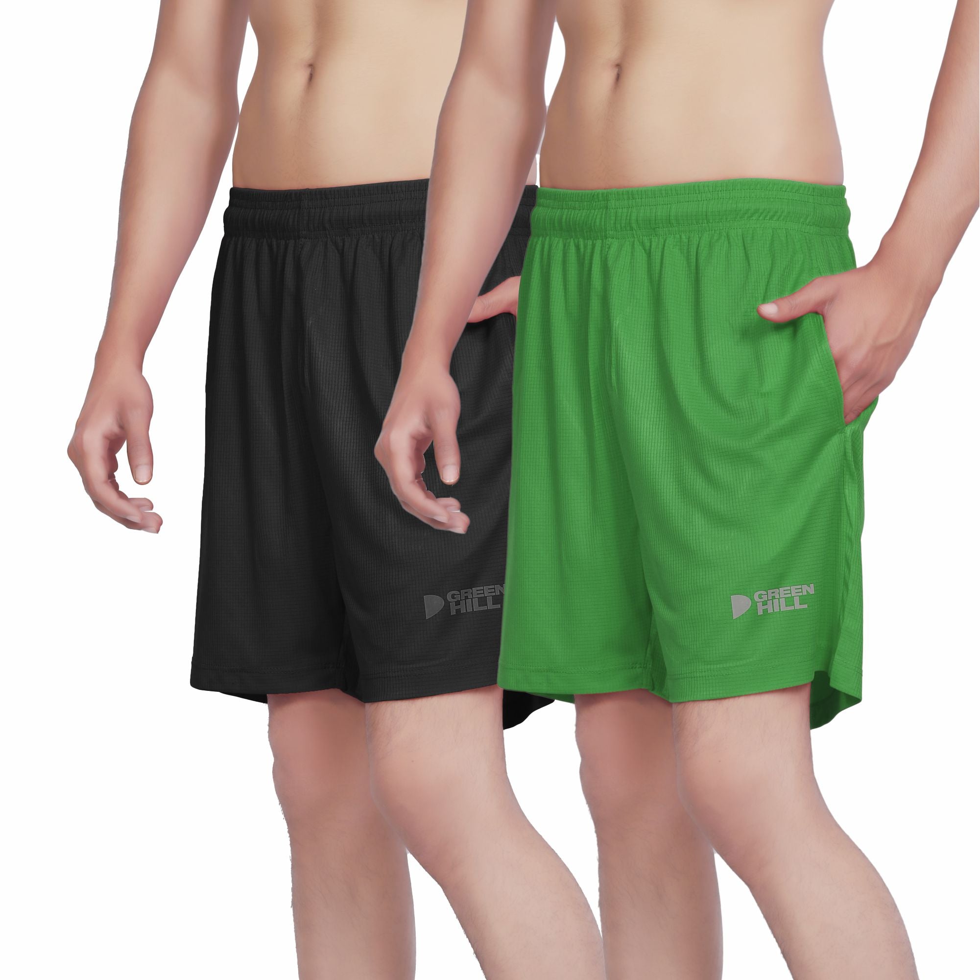 Green Hill Men Running GYM Shorts in a pack of 2, featuring a lightweight design, elastic waistband, and dual zippered pockets.