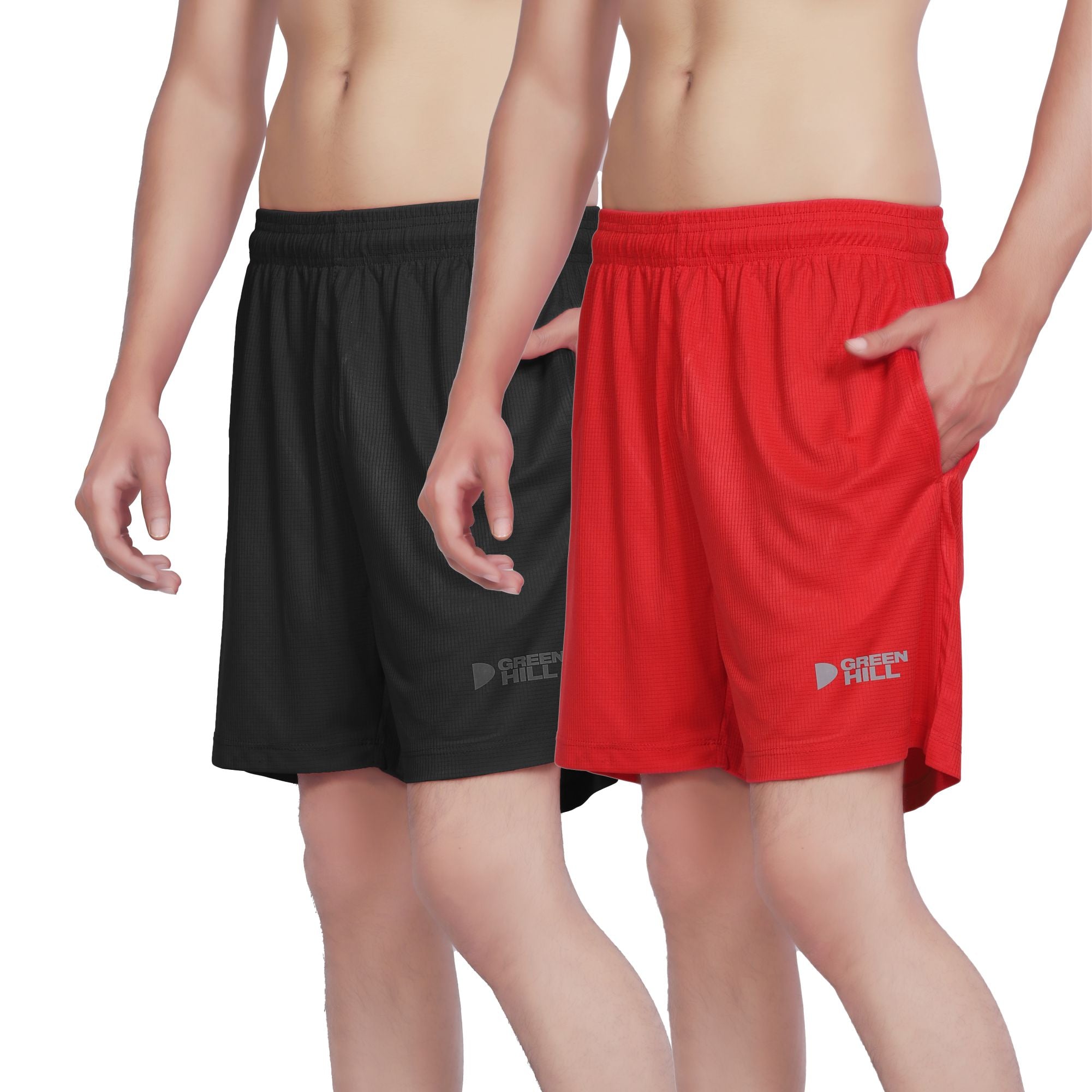 Green Hill Men Running GYM Shorts in a pack of 2, featuring a lightweight design, elastic waistband, and dual zippered pockets.