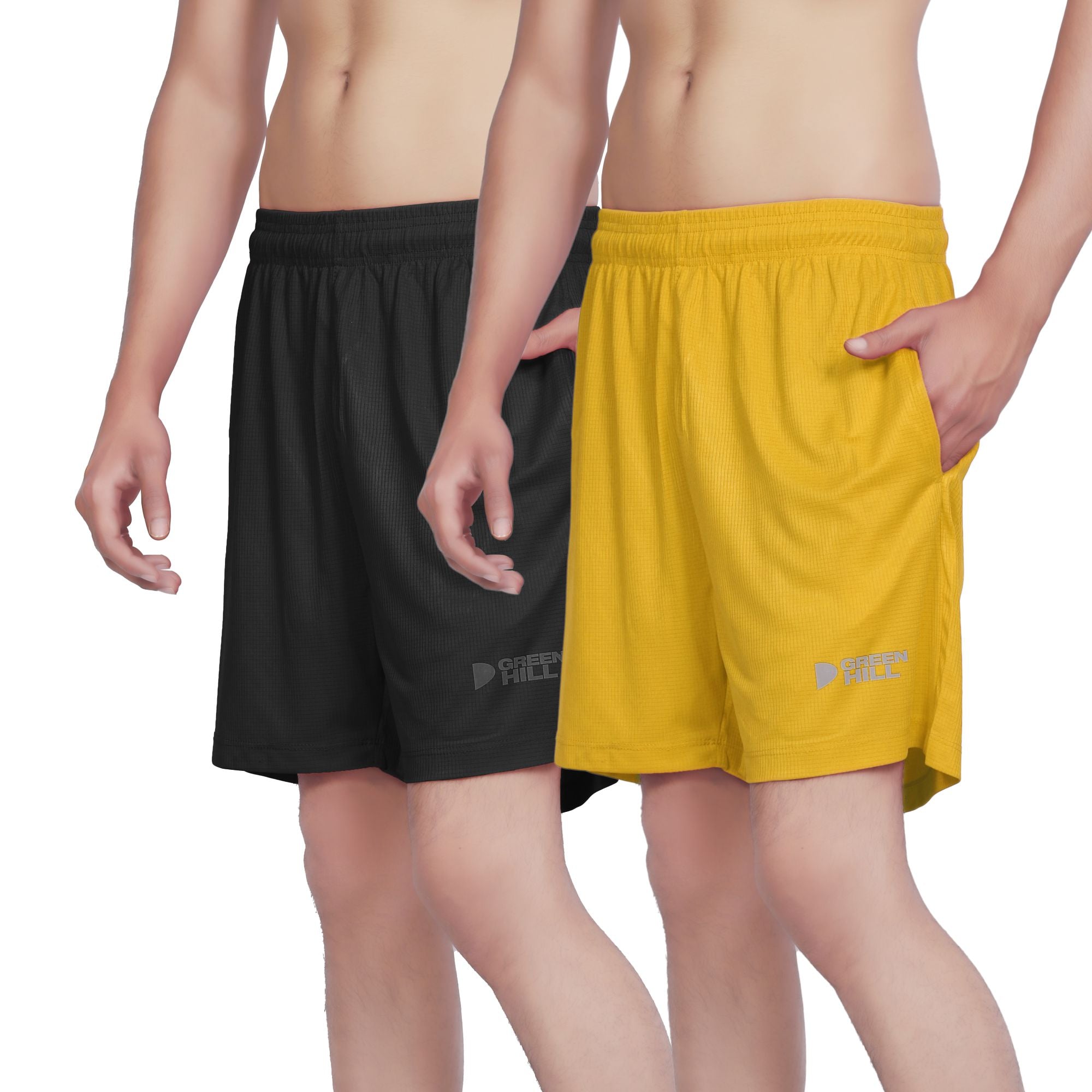 Green Hill Men Running GYM Shorts in a pack of 2, featuring a lightweight design, elastic waistband, and dual zippered pockets.