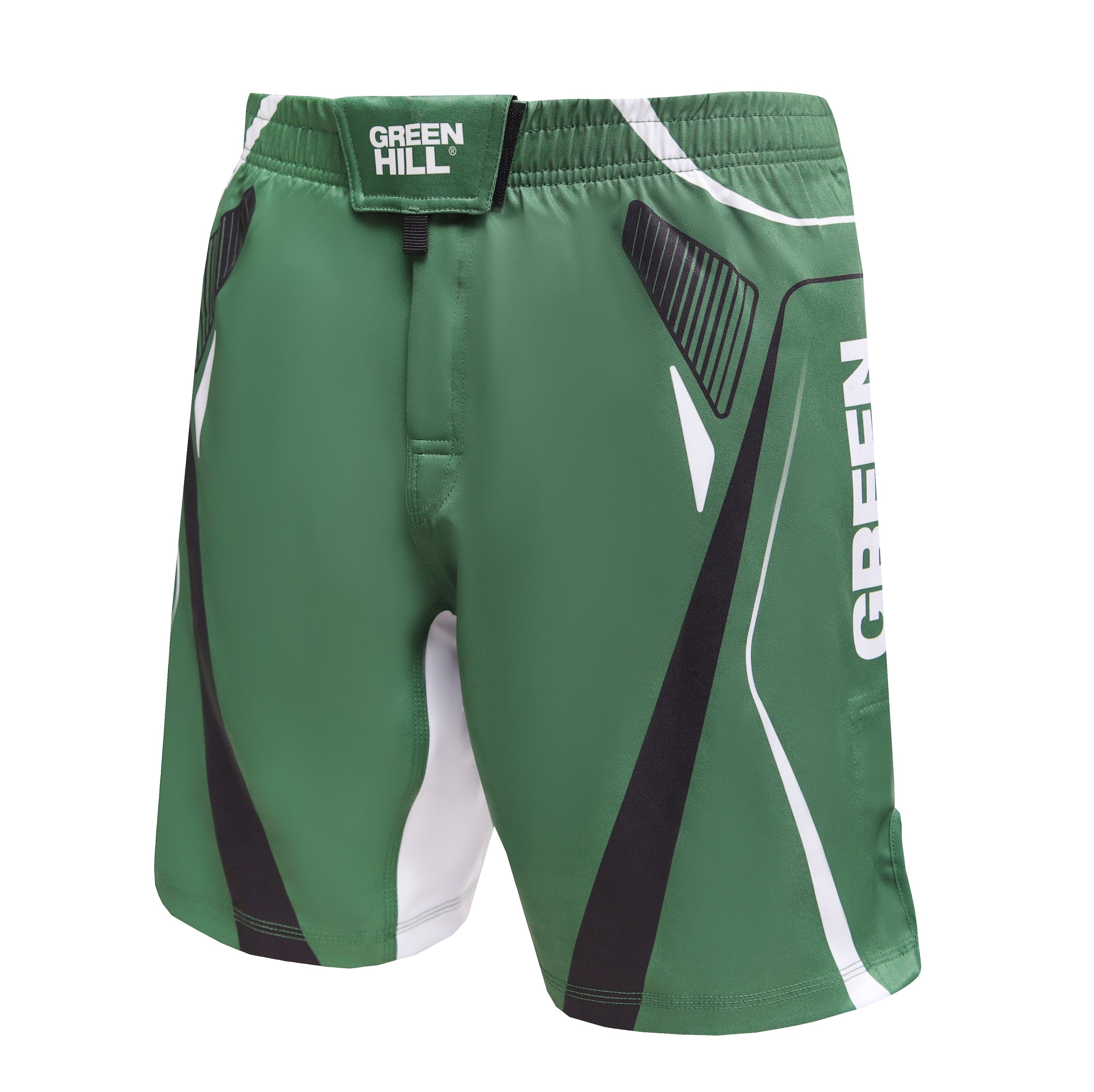 Green Hill New MMA Shorts IMMAF APPROVED in green, featuring adjustable waistband and IMMAF logo, designed for optimal performance in Mixed Martial Arts.