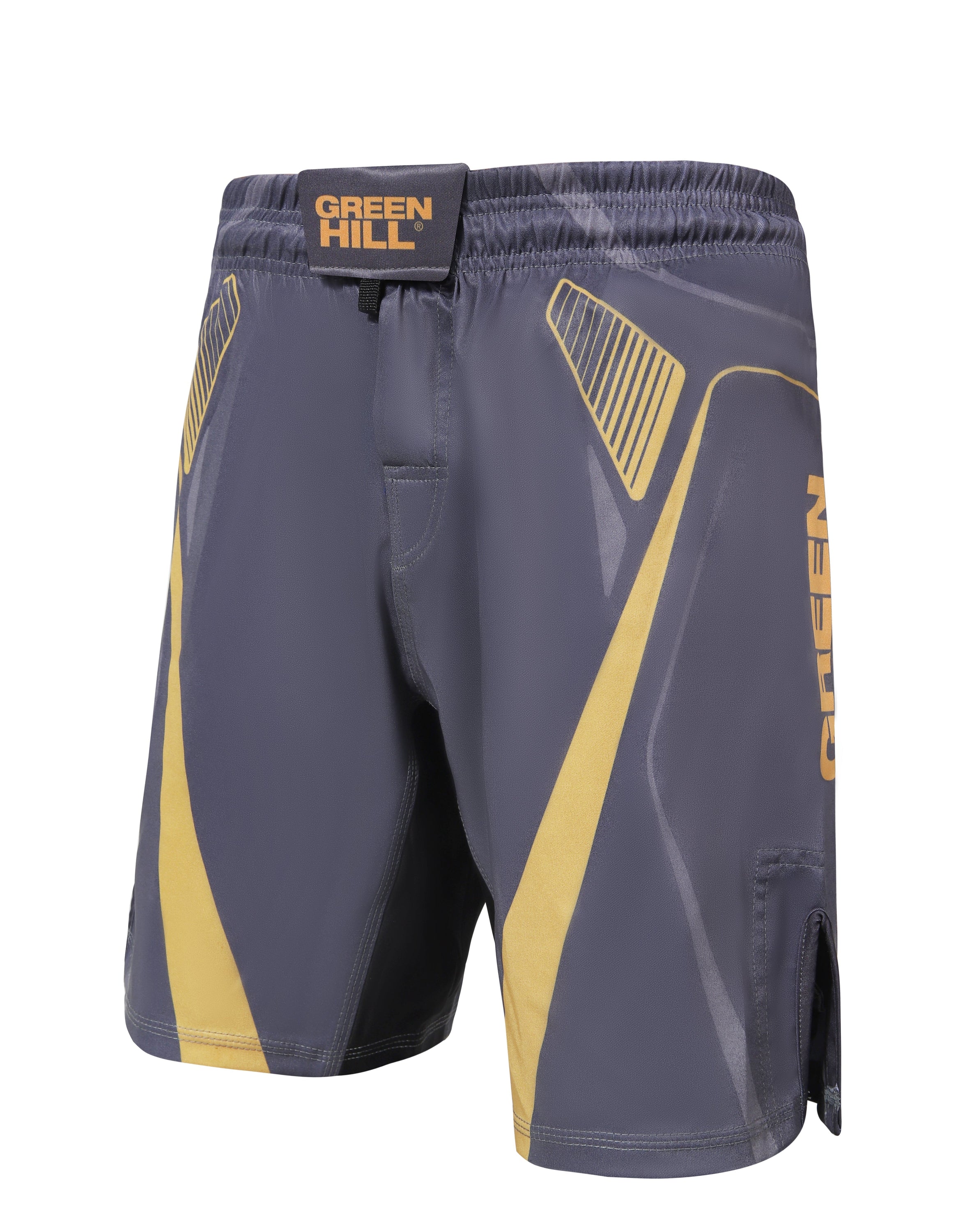 Green Hill New MMA Shorts IMMAF APPROVED in grey, featuring adjustable waistband and IMMAF logo.