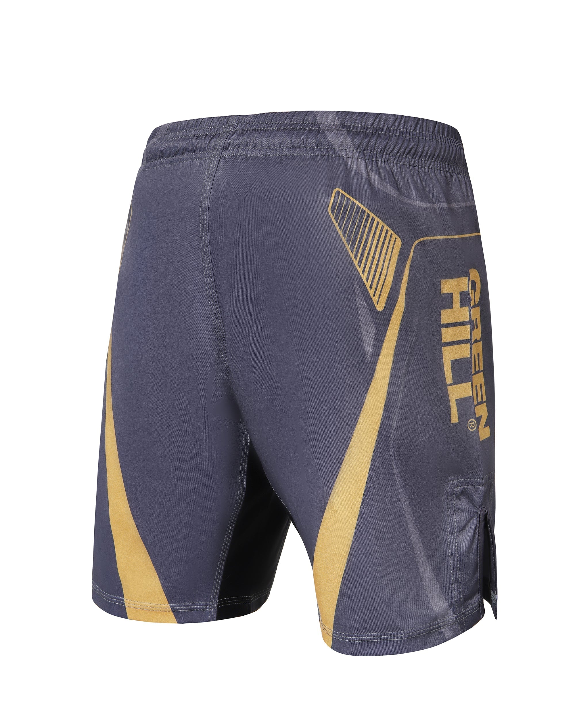 Green Hill New MMA Shorts IMMAF APPROVED in grey, featuring adjustable waistband and IMMAF logo.