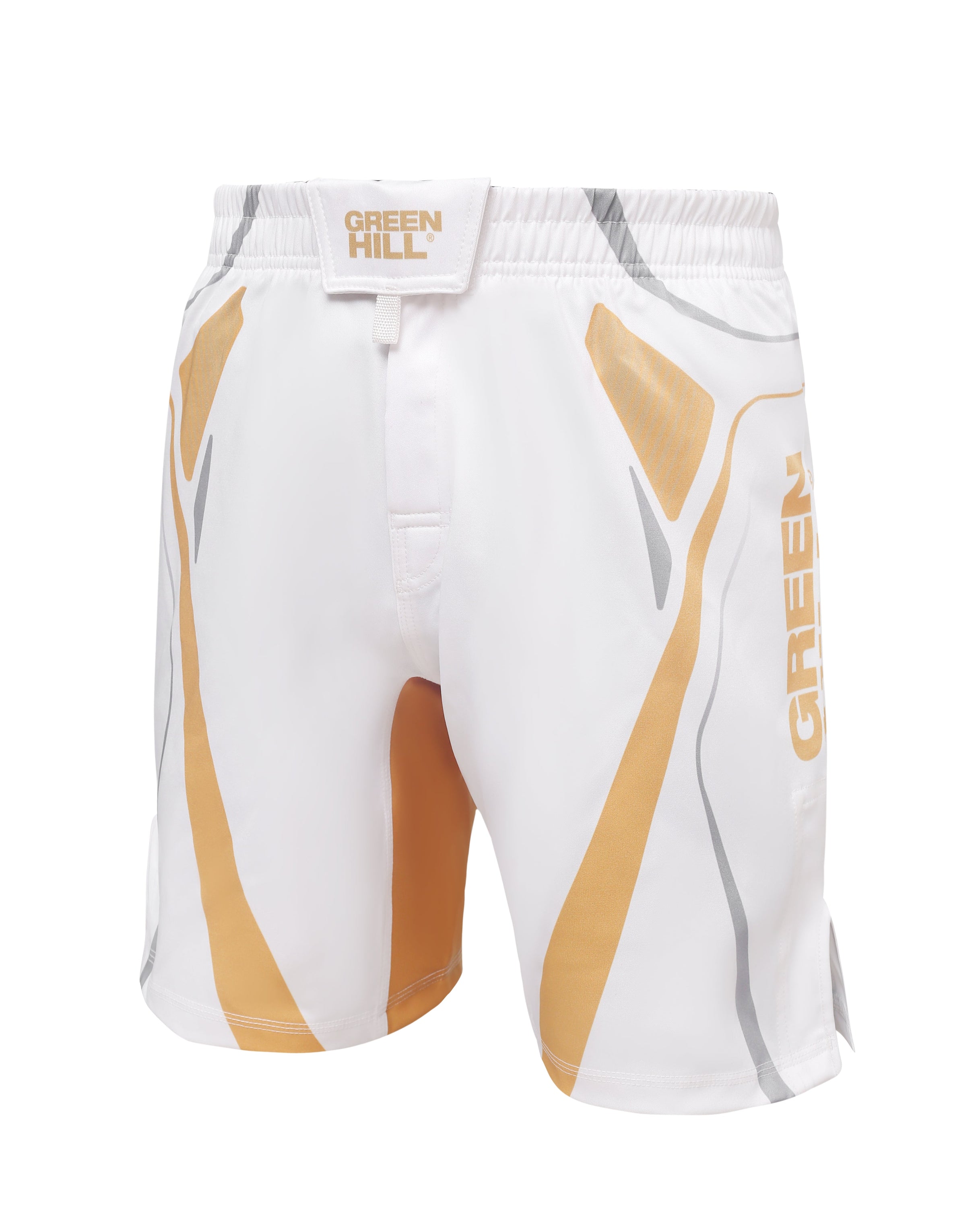 Green Hill New MMA Shorts IMMAF APPROVED in white, featuring a comfortable waistband and wide leg openings for optimal movement.