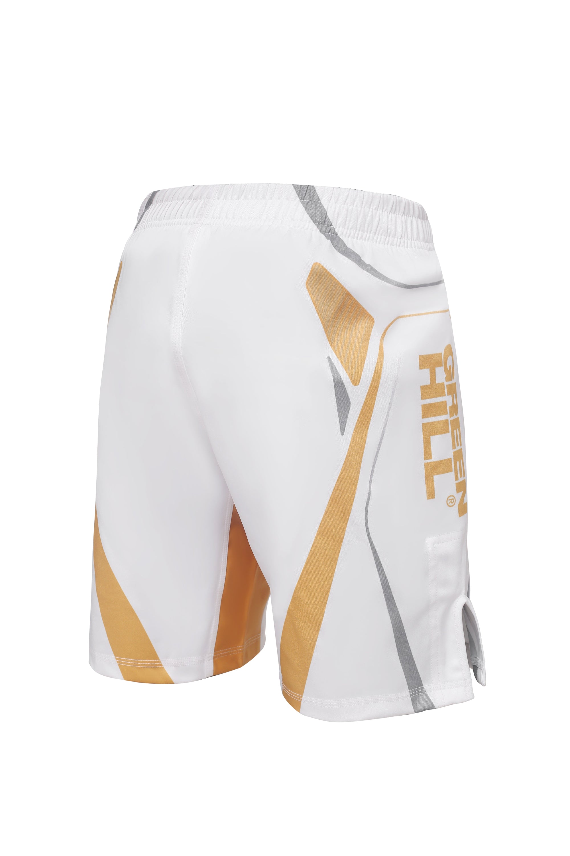 Green Hill New MMA Shorts IMMAF APPROVED in white, featuring a comfortable waistband and wide leg openings for optimal movement.