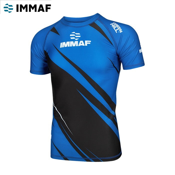 Green Hill IMMAF APPROVED blue rash guard designed for MMA and grappling, featuring a compression fit and Lycra material for comfort and durability.