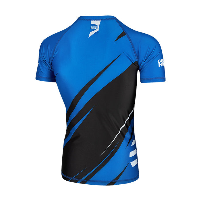 Green Hill IMMAF APPROVED blue rash guard designed for MMA and grappling, featuring a compression fit and Lycra material for comfort and durability.