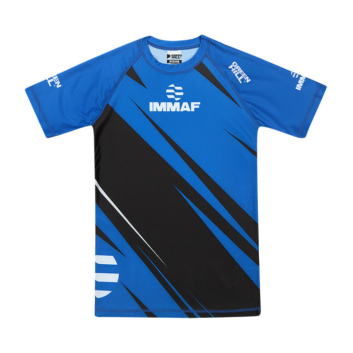 Green Hill IMMAF APPROVED blue rash guard designed for MMA and grappling, featuring a compression fit and Lycra material for comfort and durability.