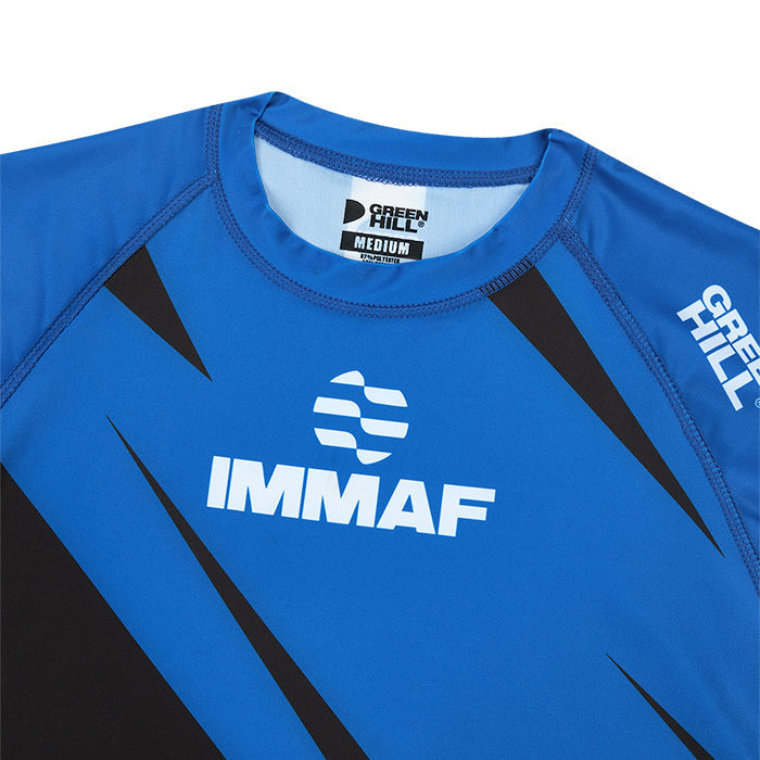 Green Hill IMMAF APPROVED blue rash guard designed for MMA and grappling, featuring a compression fit and Lycra material for comfort and durability.