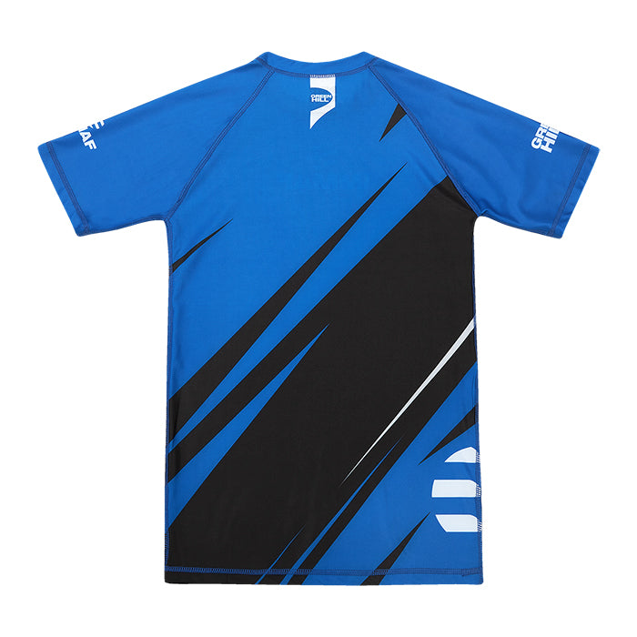 Green Hill IMMAF APPROVED blue rash guard designed for MMA and grappling, featuring a compression fit and Lycra material for comfort and durability.