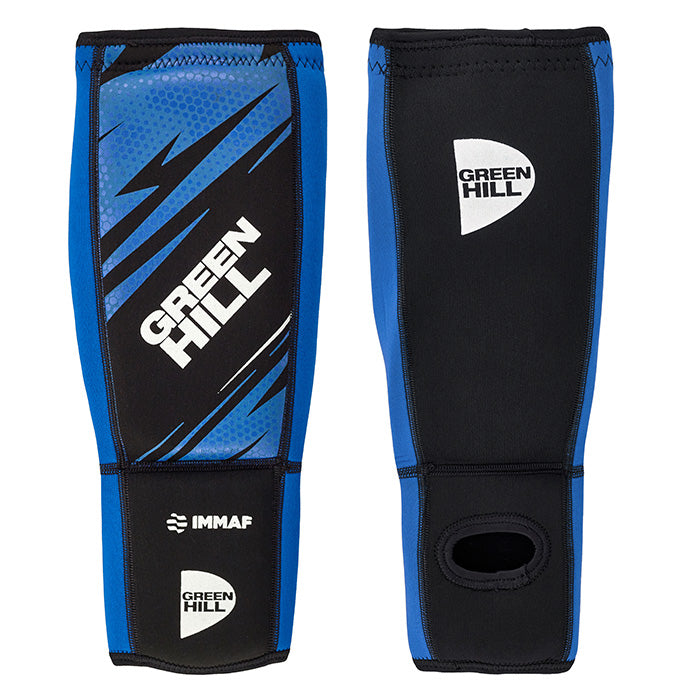 Green Hill Shin Instep Pad in blue, designed for MMA protection with velcro strap and durable materials.