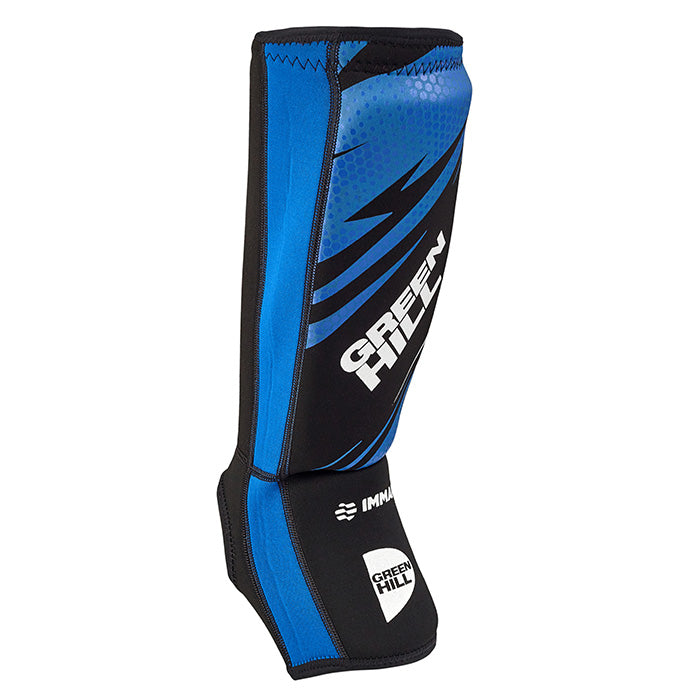 Green Hill Shin Instep Pad in blue, designed for MMA protection with velcro strap and durable materials.