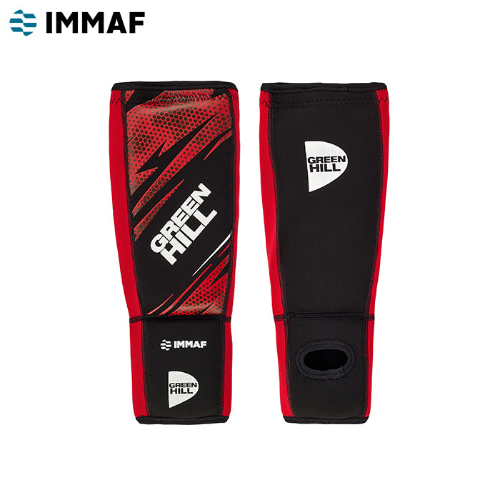 Green Hill Shin Instep Pad in red, designed for MMA protection, featuring velcro strap closure and made from neoprene and elastic polyester.